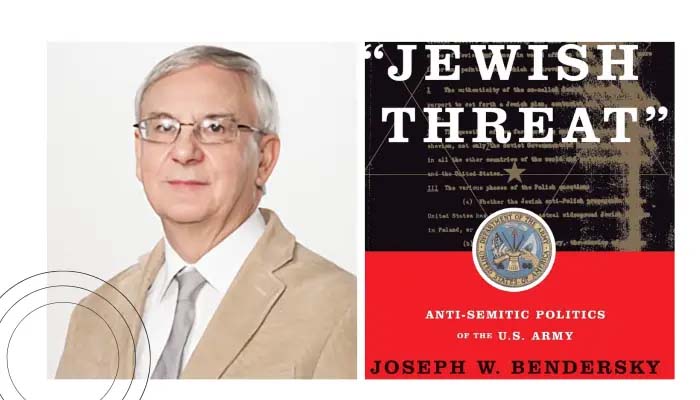 Frame one: Joseph Bendersky Frame two: jewish threat book cover - US Army seal