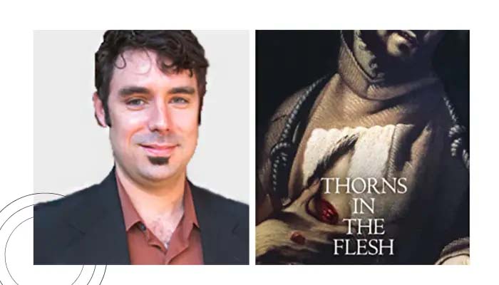Frame one: Andrew Crislip Frame two: thorns in the flesh bookcover - depiction of jesus with a wound in his chest