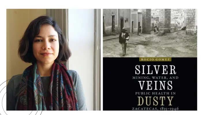 frame one: rocio gomez frame two: silver veins, dusty lungs book cover - black and white photo of mining town