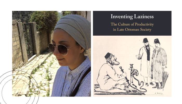 Frame one: Meliz Hafez Frame two: Inventing Laziness book cover - historical illustration of 3 middle eastern men