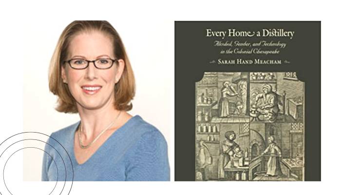 frame one: sarah meacham / frame two: book cover with book title and historic images of people distilling alcohol