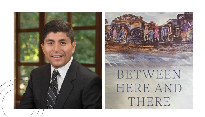 left side: daniel morales / right side: book cover between here and there