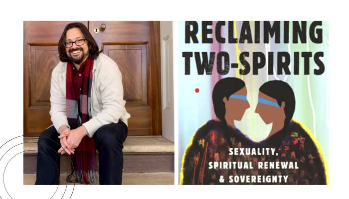 frame one: greg smithers / frame two: book cover featuring artwork representing 2 indigenous people facing each other