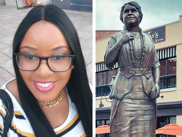 toneisha brown in one frame with statue of maggie walker in richmond, virginia in second frame