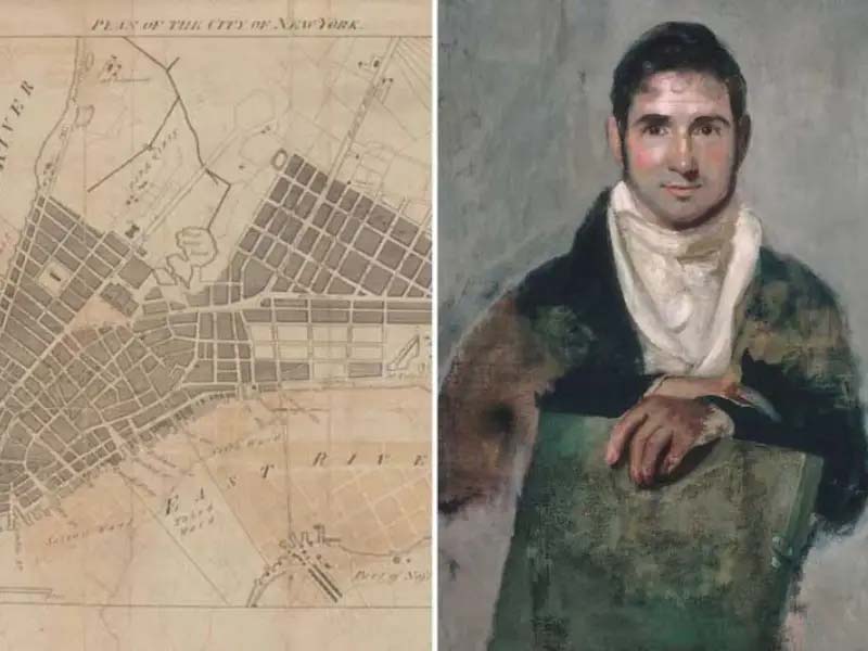 Left frame: Plan of the City of New York from William Duncan’s 1793 city directory. (Digital Collections, New York Public Library) / Right frame: Portrait of Alexander Anderson, c. 1815, by John Wesley Jarvis (Metropolitan Museum of Art, New York)