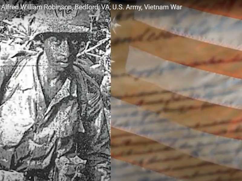 grainy photo of Alfred William Robinson, Bedford, VA, U.S. Army, Vietnam War with image of american flag