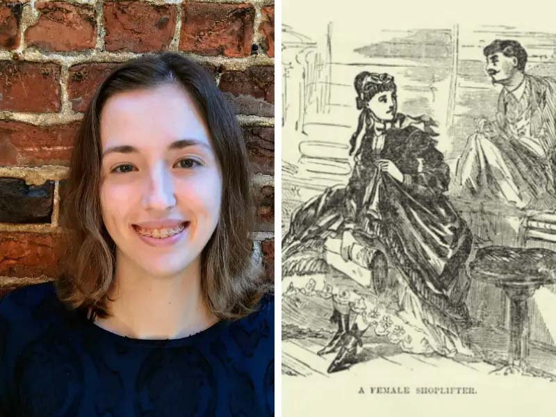 Left frame: Audrey Spann / Right frame: 19th Century Female Shoplifter. Book Illustration; “A Female Shoplifter,” from James D. McCabe Jr. Lights and Shadows of New York Life. Philadelphia: National Publishing Co., 1872;