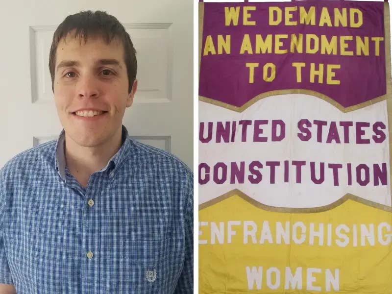 Left frame: Will Tharp / Right Frame: Banner with text- we demand an amendment to the US constitution enfranchising women